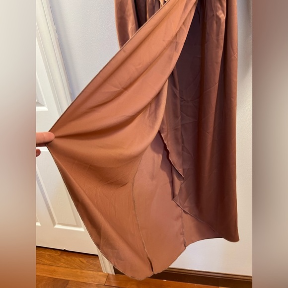 Satin Dress Deep V-Neck Long Sleeve Tie Waist Split Midi Dress W. - Picture 4 of 13